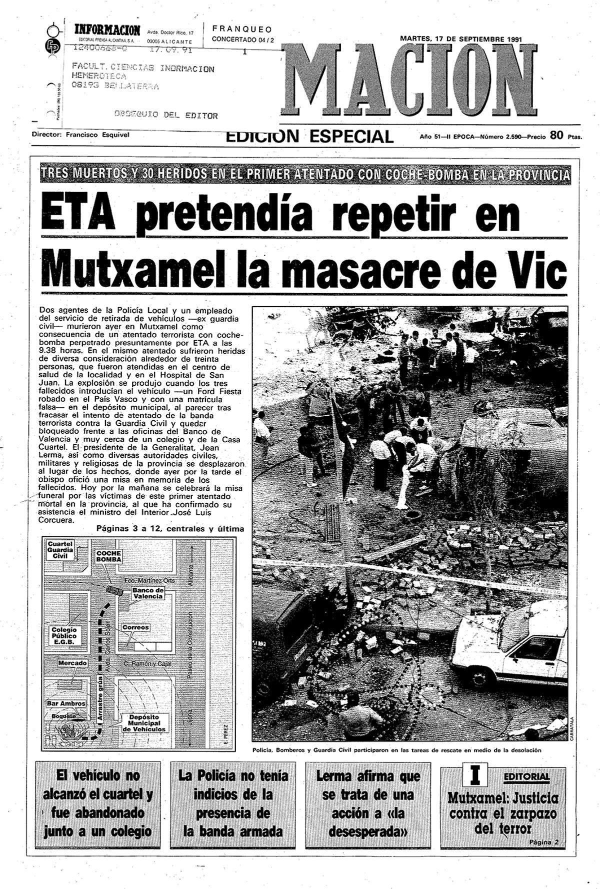 Portada de INFORMACIÓN del 17 de septiembre de 1991, un día después del atentado.