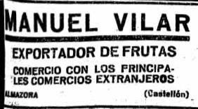 Publicidad de Manuel Vilar. Padre del que después sería alcalde, Vicente Vilar.