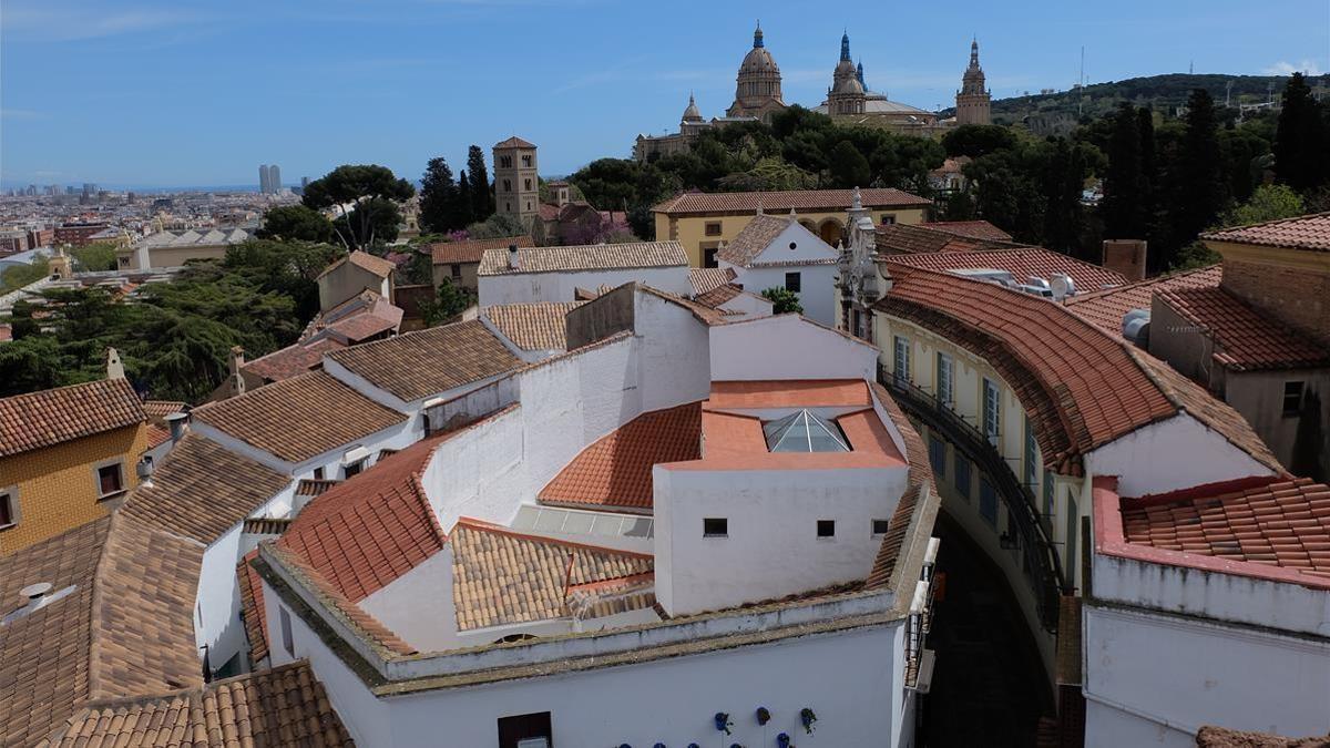 Imagen aérea del Poble Espanyol de Barcelona.