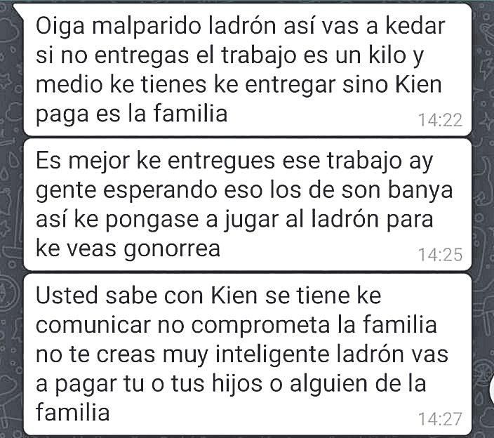 Mensaje amenazante que el hombre ha recibido.