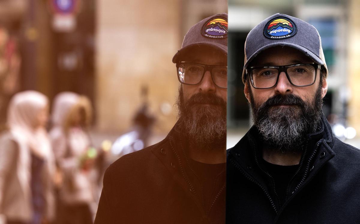 El escritor Juan Manuel Gil retratado en las calles de Zaragoza.