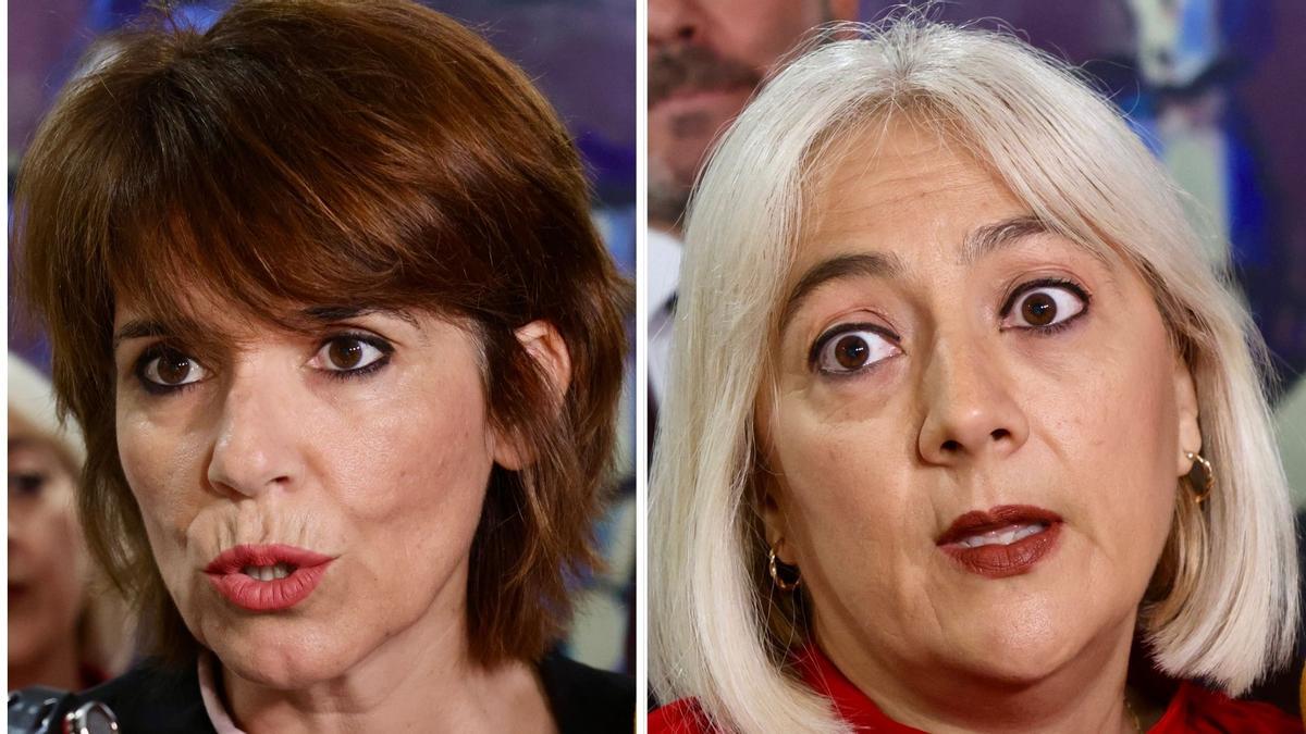 Teresa Fuentes (CCOO) y Paqui Sánchez (UGT), este miércoles en Murcia.