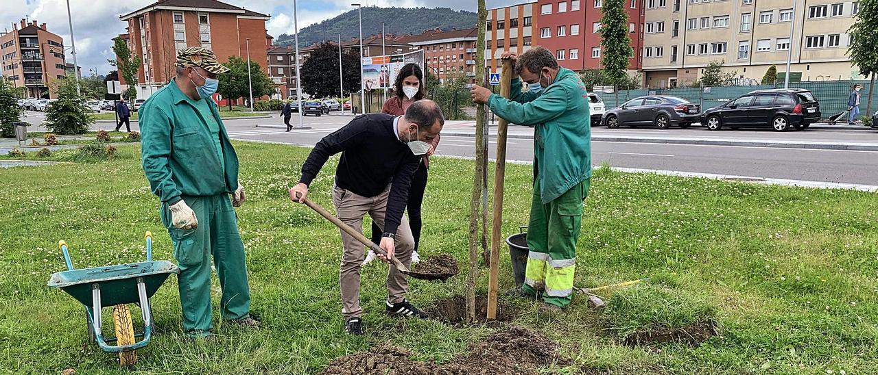 El Alcalde, ayer, junto a la edil Aida Nuño y operarios municipales, plantando un árbol en Lugones. | R. A. I.