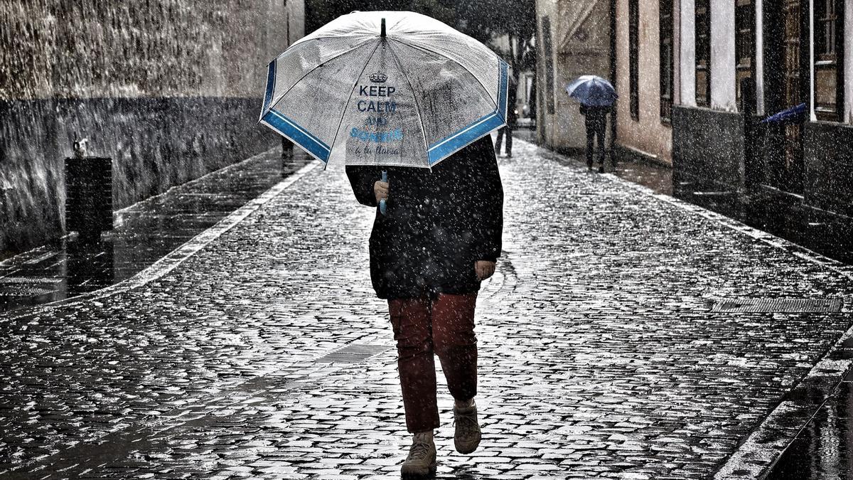 Persona paseando bajo la lluvia con un paraguas.