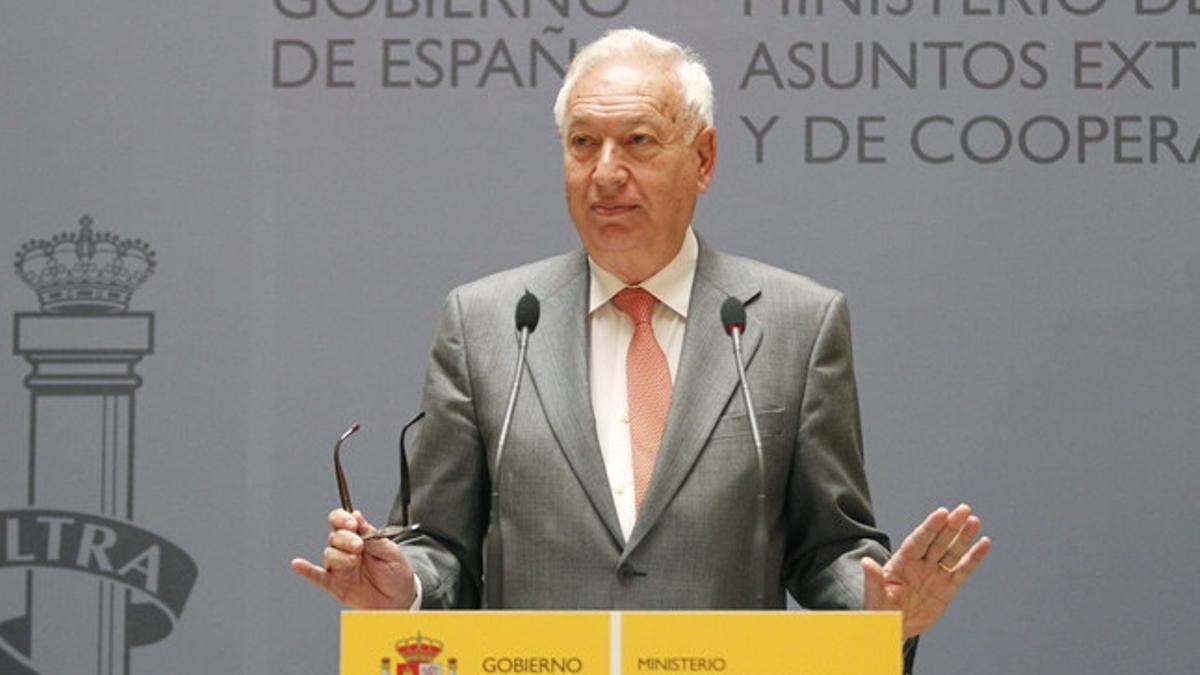 El ministro de Asuntos Exteriores, José Manuel García-Margallo, durante la rueda de prensa que ha ofrecido este sábado.