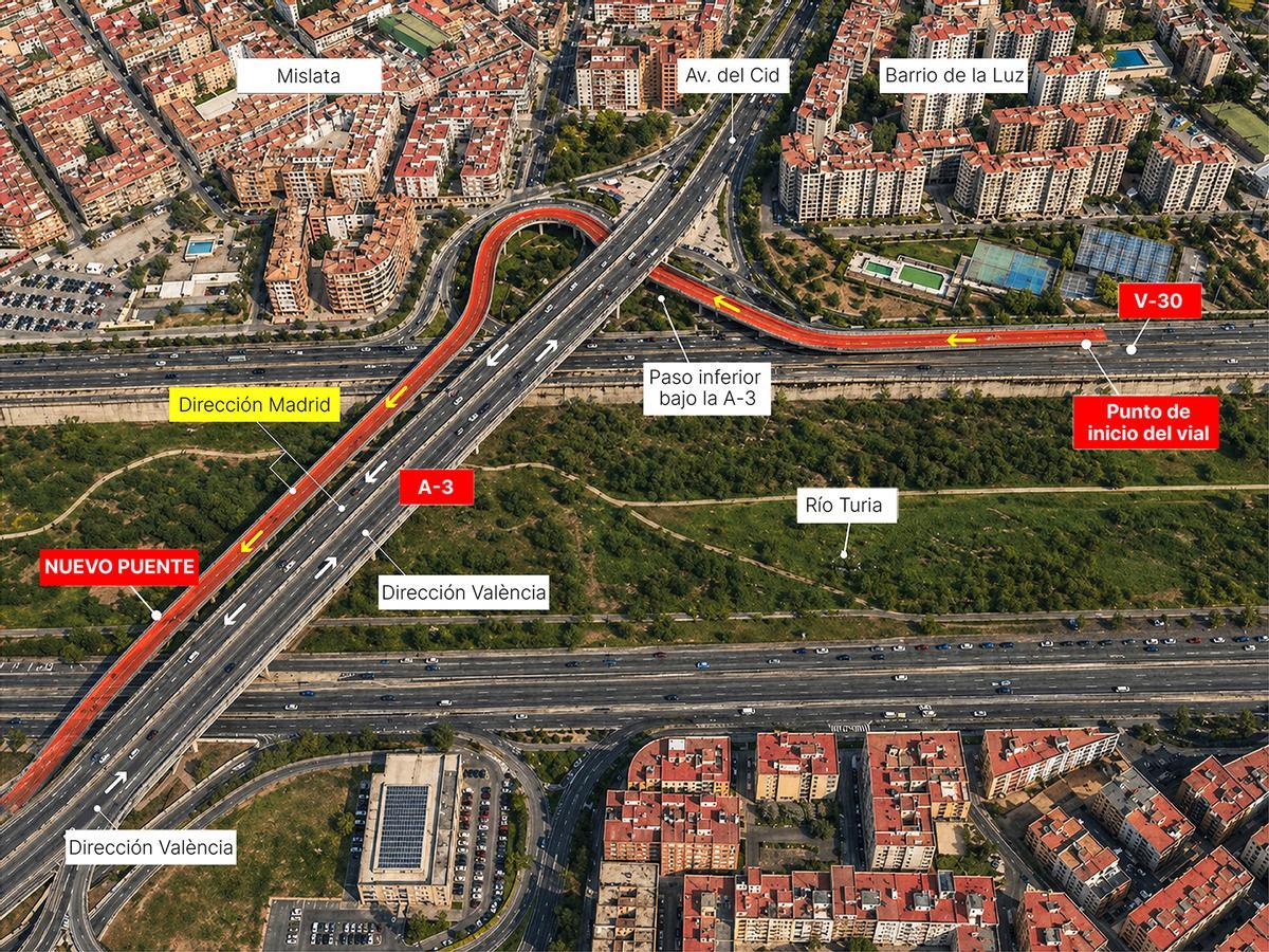 Infografía con el trazado, en rojo, del nuevo puente proyectado por Transportes.