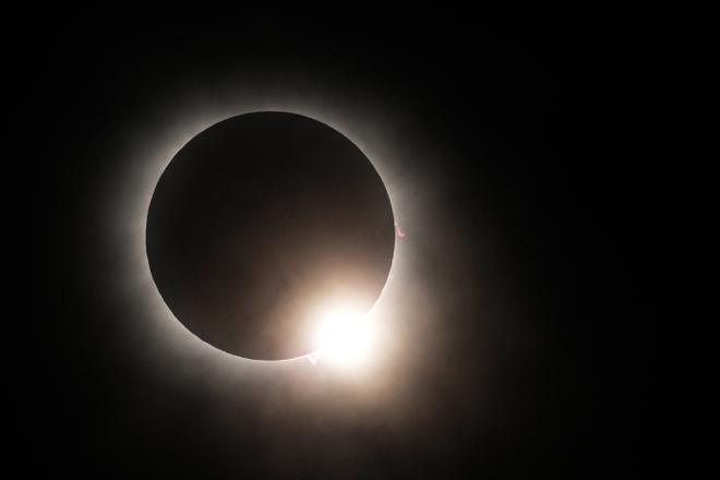 The moon partially covers the sun during a total solar eclipse, as seen from Eagle Pass, Texas, Monday, April 8, 2024. (AP Photo/Eric Gay)