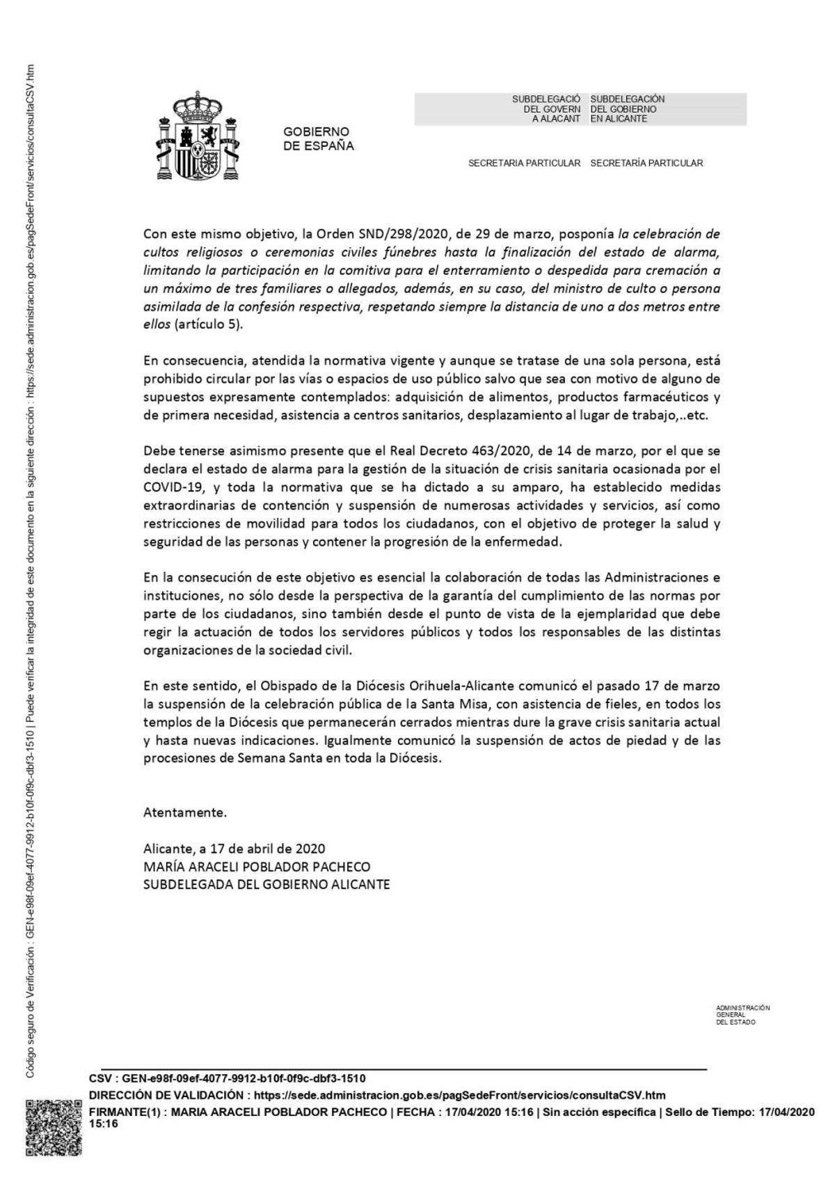 Coronavirus en Alicante: La Subdelegación del Gobierno deniega la salida extraordinaria de la Santa Faz
