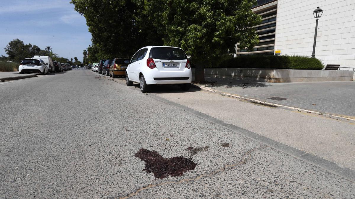 Restos de sangre en el asfalto donde se produjo el homicidio, en San Marcelino.