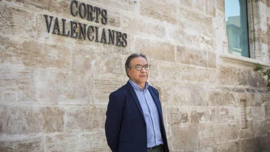 El síndic del PSP, Manolo Mata, ante la puerta principal de las Corts Valencianes.