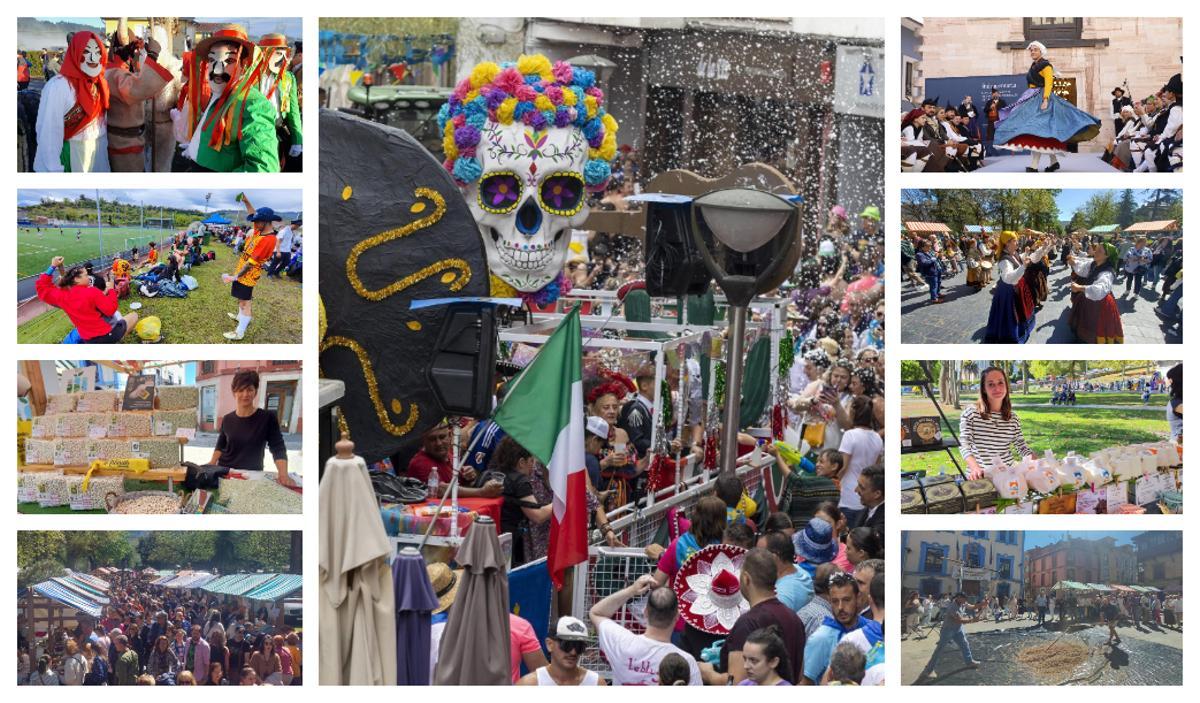Varias imágenes de ferias y eventos de Grado. La foto central corresponde a la carroza ganadora en el desfile de Santa Ana de 2025.