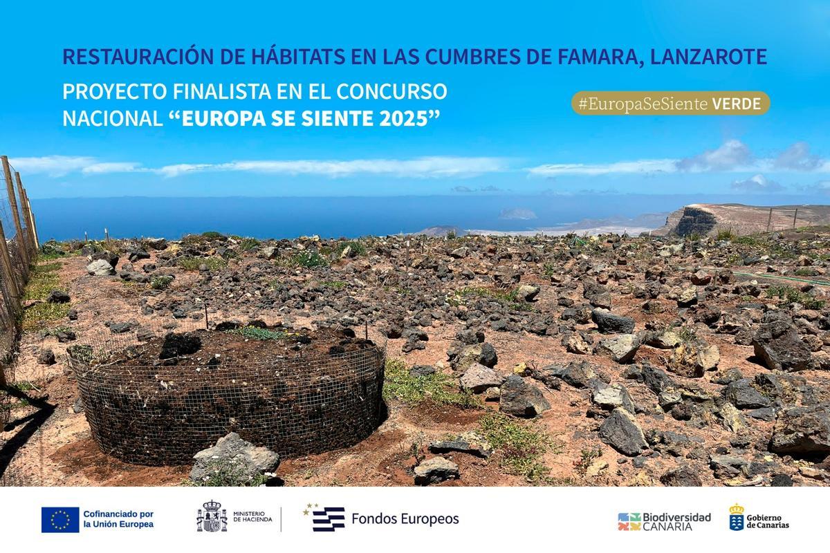 Cartel del proyecto de restauración de las Cumbres de Famara, en Lanzarote