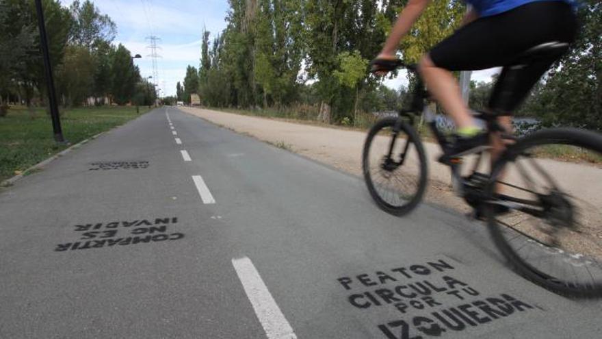 Un ciclista pasa junto a las inscripciones escritas en el carril bici de la carretera de La Aldehuela.