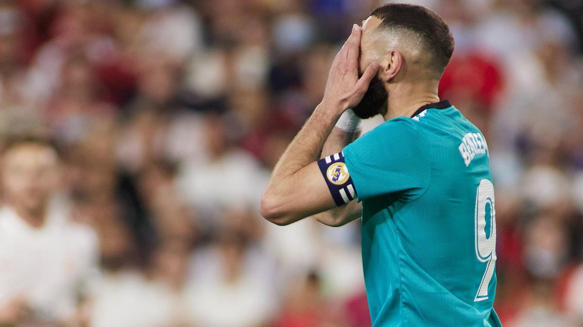 Karim Benzema of Real Madrid looks on during the spanish league, La Liga Santander, football match played between Sevilla FC and Real Madrid at Ramon Sanchez-Pizjuan stadium on Aprilr 17, 2022, in Sevilla, Spain.