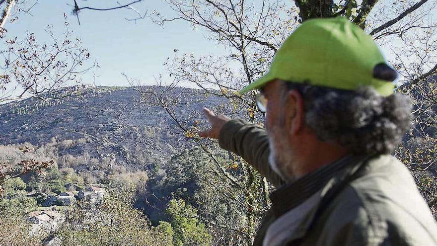 Un vecino muestra la proximidad de la zona que ardió a las viviendas. // Bernabé/J.Carlos Asorey