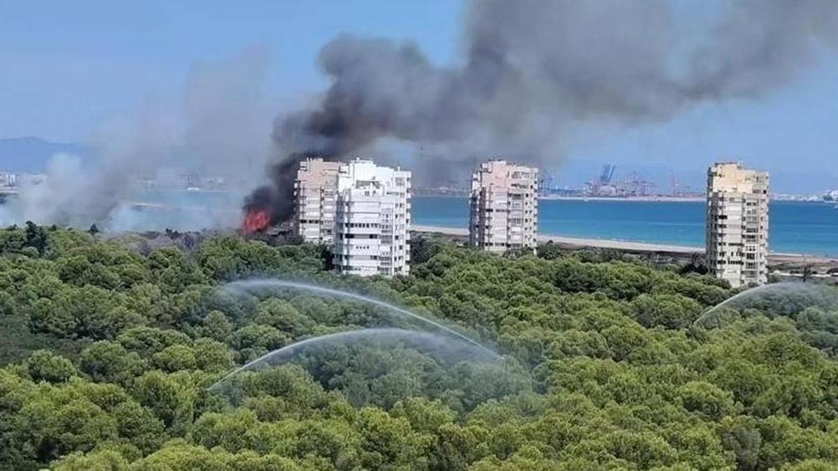 Los cañones activos con el incendio al fondo