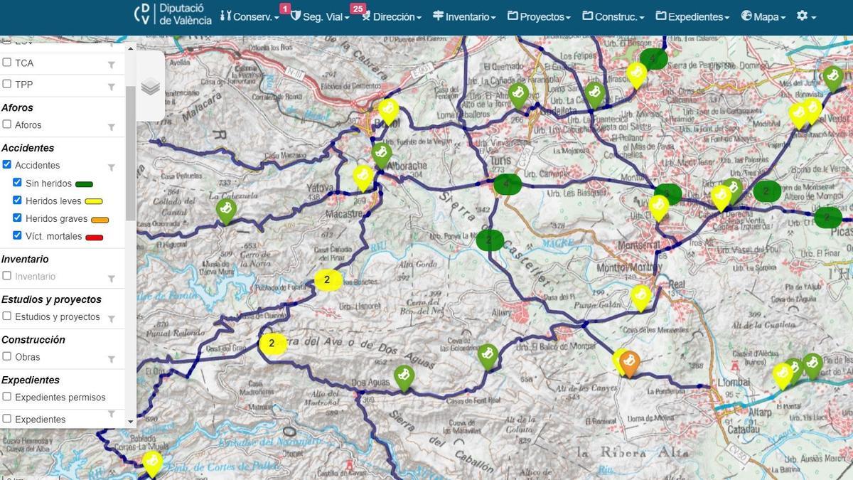 Mapa de accidentes en una demarcación de Valencia.