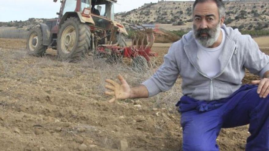 El agricultor Honorio Valdunciel muestra la tierra reseca.