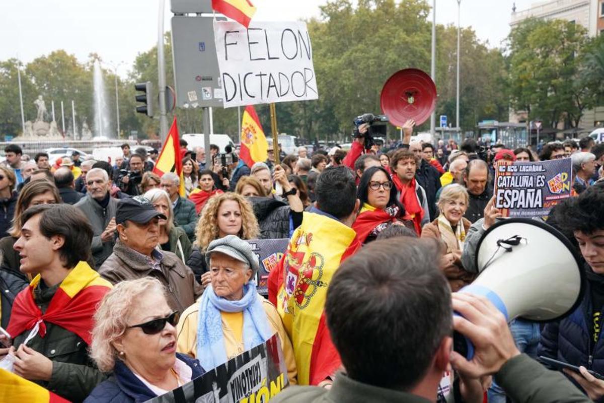 Manifestantes convocados por la rama juvenil de Vox, en la Plaza de Neptuno de Madrid este jueves