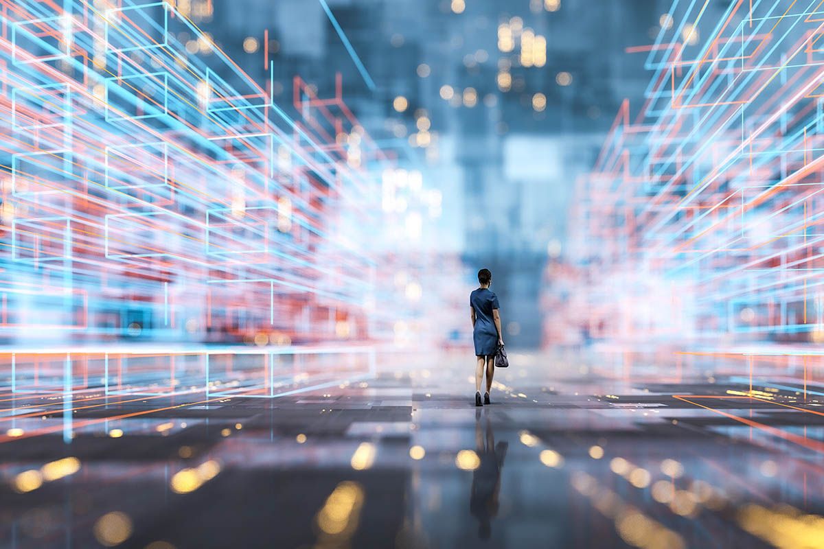 El metaverso, una mujer en un entorno futurista tecnológico tecnología