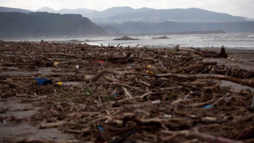 Troncos y basura en la playa de Bayas como consecuencia de la riada del Nalón de hace un mes.