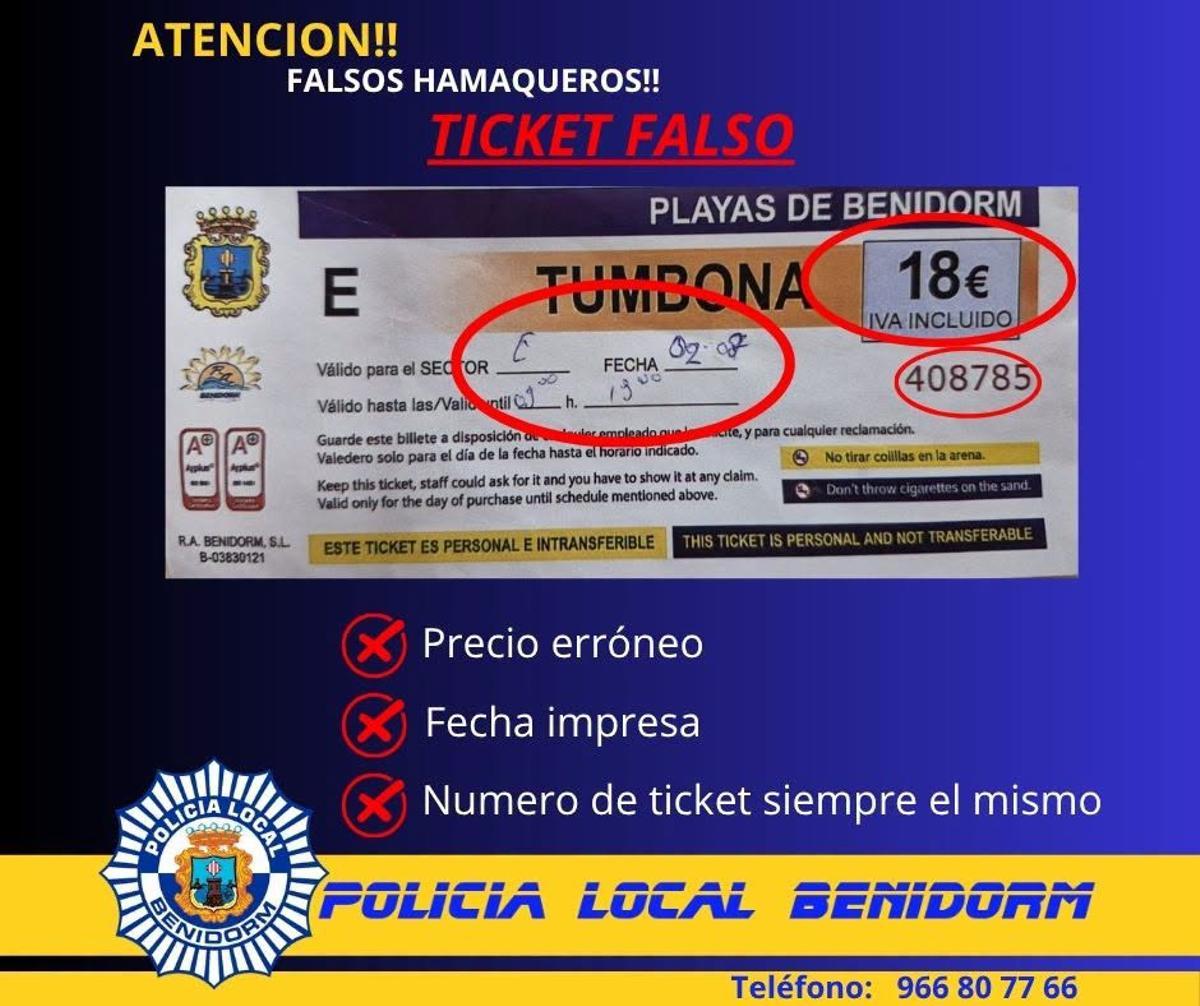 Ticket falso intervenido por la Policía Local de Benidorm en las playas de la ciudad.
