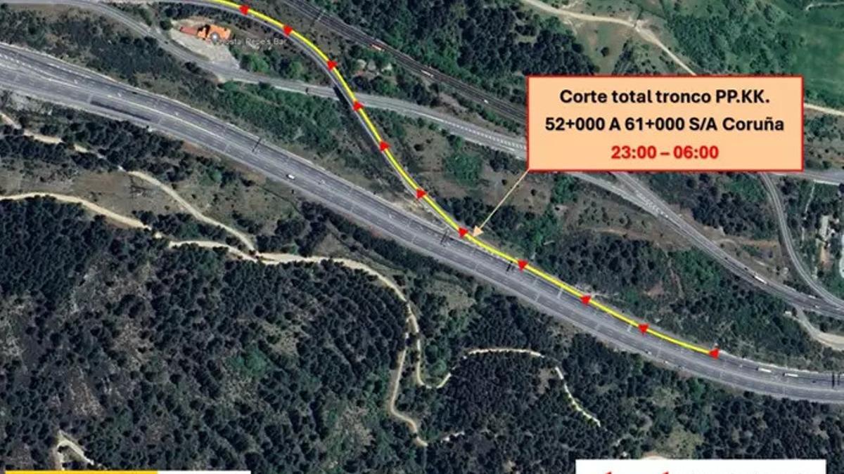 Mapa con los cortes en la AP6 y el itinerario alternativo.