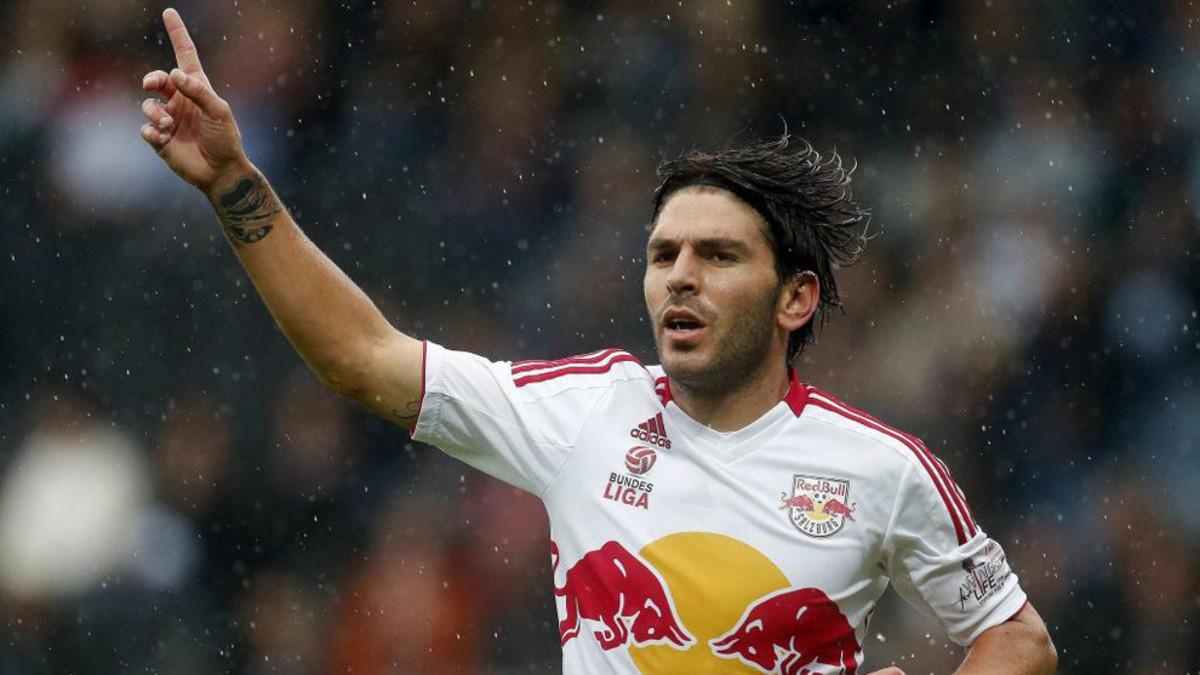 Red Bull Salzburg's Jonathan Soriano celebrates after scoring a goal during their Austrian league soccer match against Sturm Graz in Graz