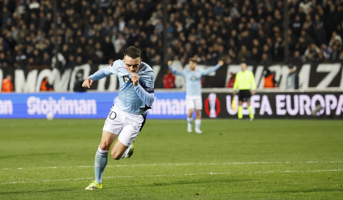 Iago Aspas tras meter el primer gol del Celta al PAOK en el Toumba Stadium.