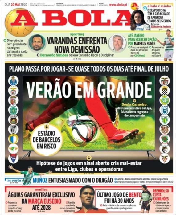 Portada A BOLA miércoles 20 mayo 2020