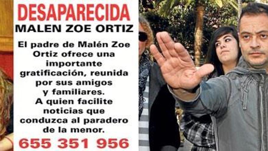 Cartel con la imagen de Malén en la que se anuncia el pago de una &quot;gratificación&quot; al que aporte pistas exactas o la traiga; a la derecha, Alejandro Ortiz, padre de la menor.