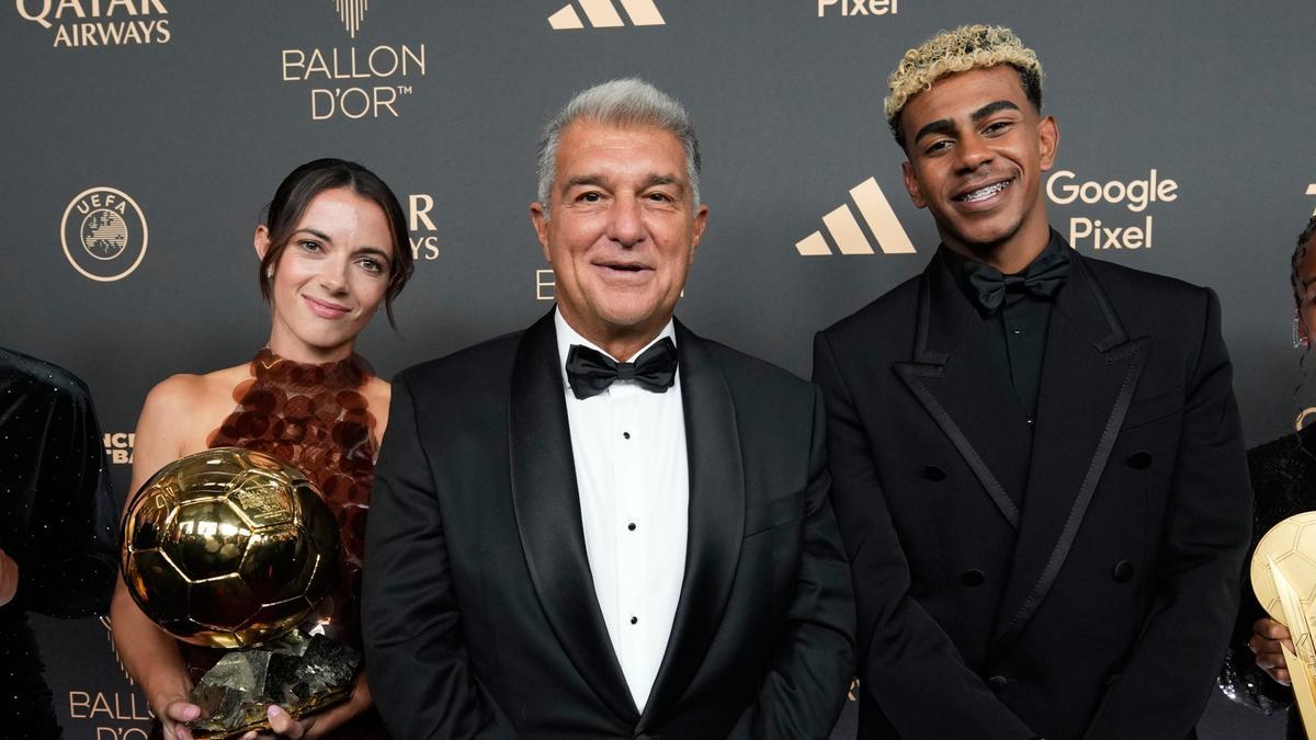 Laporta, Aitana y Lamine Yamal, tras la gala del Balón de Oro