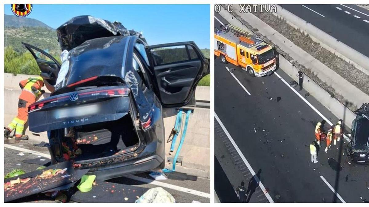 A la izquierde, los bomberos le dan la vuelta al coche accidentado en la A35. A la derecha, grabación de la llegada de efectivos a la zona.