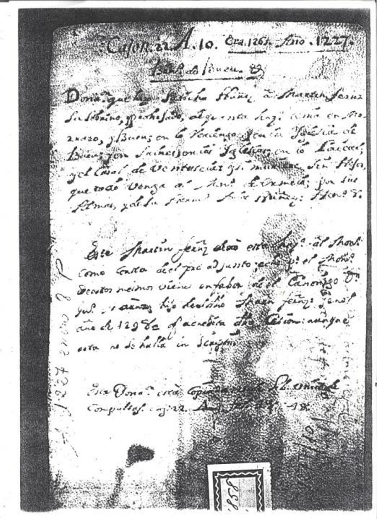 Una copia del documento de 1227 en el que aparece citada la parroquia de Bueu.