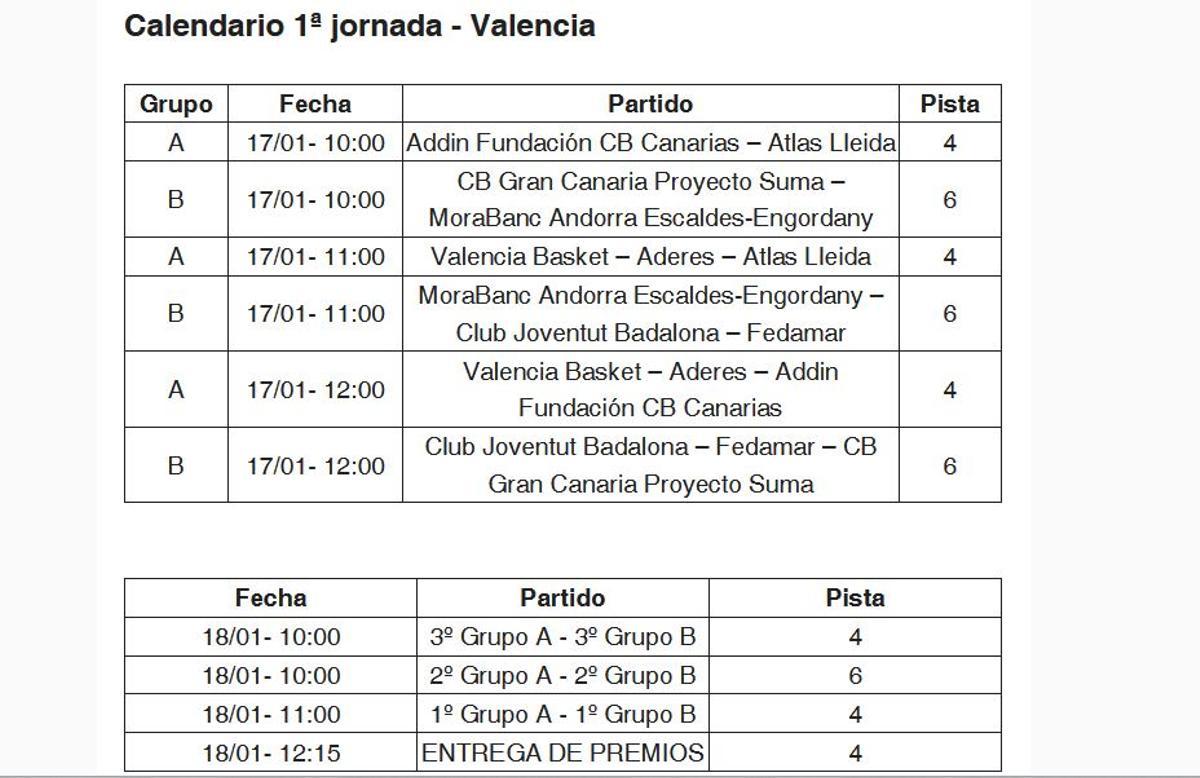 Calendario de la primera jornada.