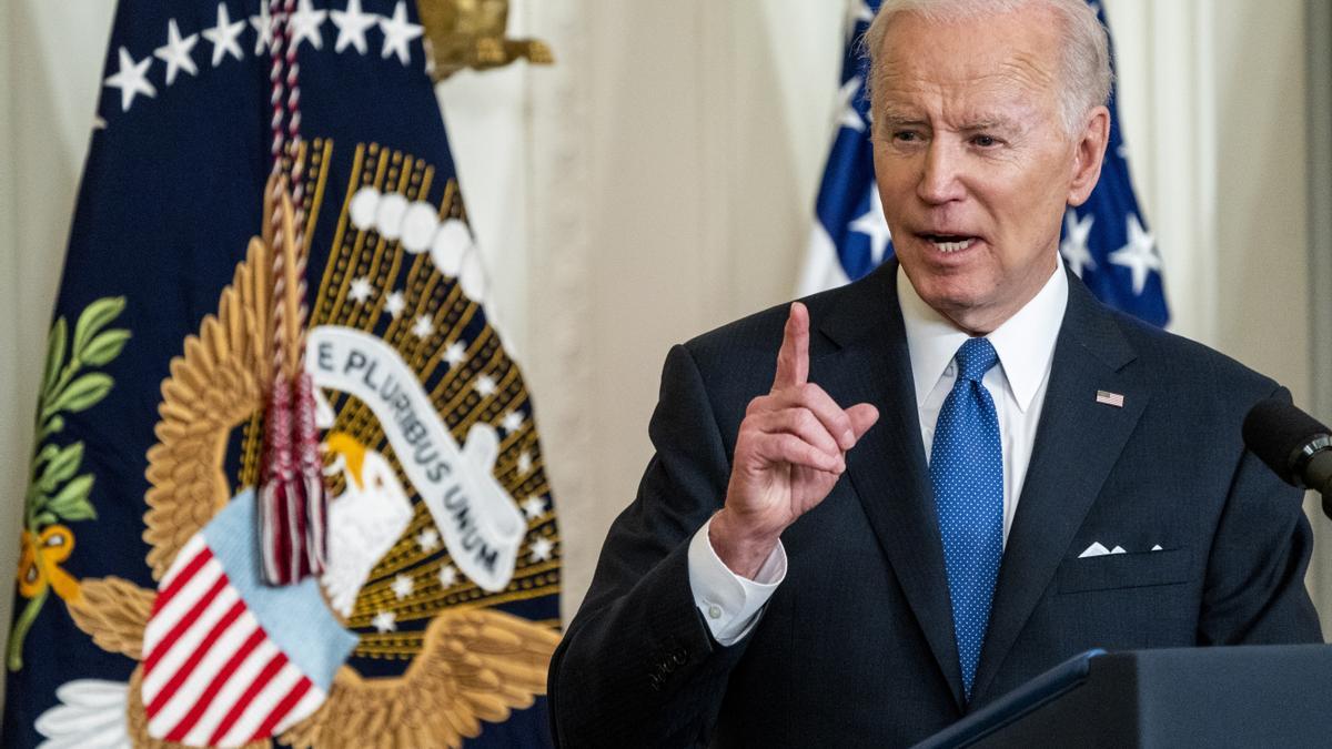 US President Joe Biden, with Vice President Kamala Harris and former President Barack Obama, delivers remarks on the Affordable Care Act