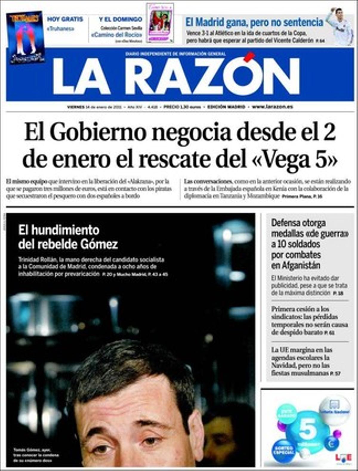 ’La Razón’ destaca a dins la mort del tinent general José Luis Aramburu Topete, l’home que va frenar Antonio Tejero Molina en l’intent del cop d’Estat del 23-F. També destaca que el PP accepta revisar els privilegis de les pensions parlamentàries i que la FAES aprova un debat sobre els sous vitalicis dels expresidents.