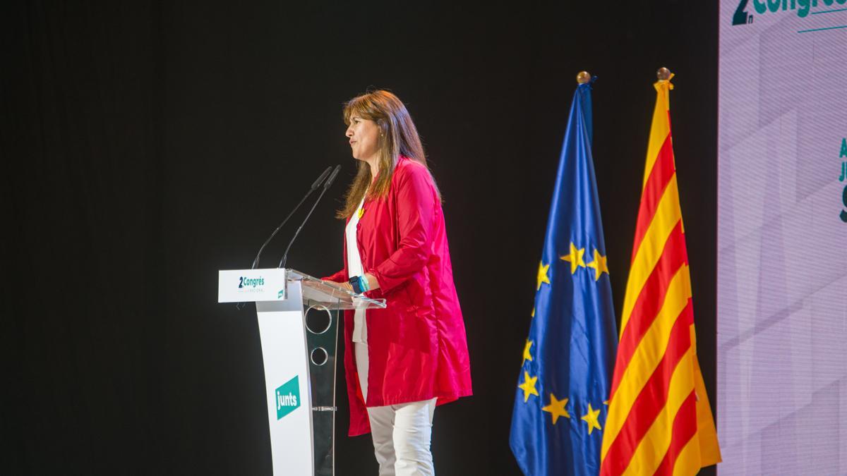 La presidenta del Parlament, Laura Borràs, interviene en el congreso de Junts Per Catalunya, a 16 de julio de 2022, en L'Hospitalet de Llobregat, Barcelona, Cataluña, (España).