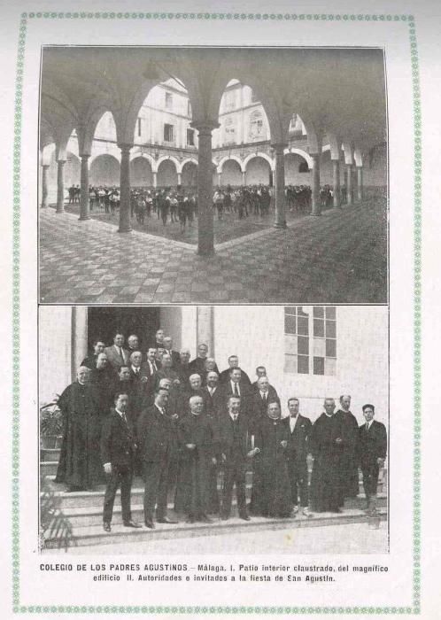 Arriba, los alumnos en el interior del patio del centro y debajo, autoridades e invitados a la fiesta de San Agustín, del catálogo oficial de la Exposición y Feria de Muestras de 1924.