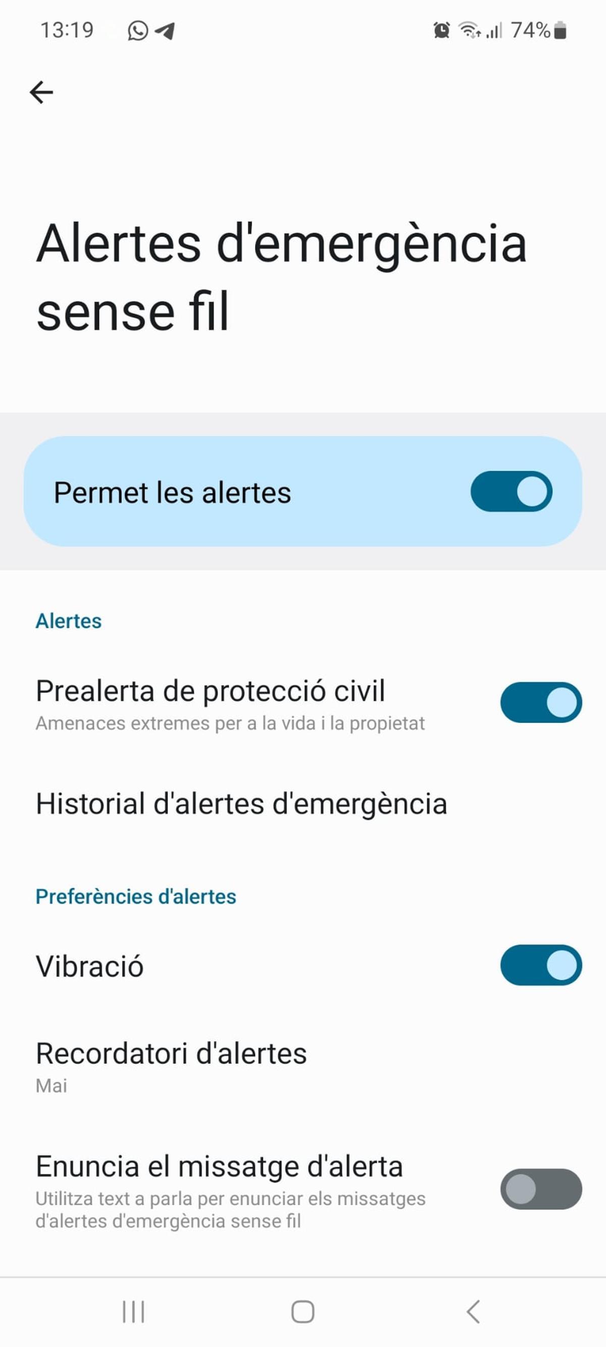 L'indret on es troba l'opció que permet recuperar els missatges d'alerta de Protecció Civil