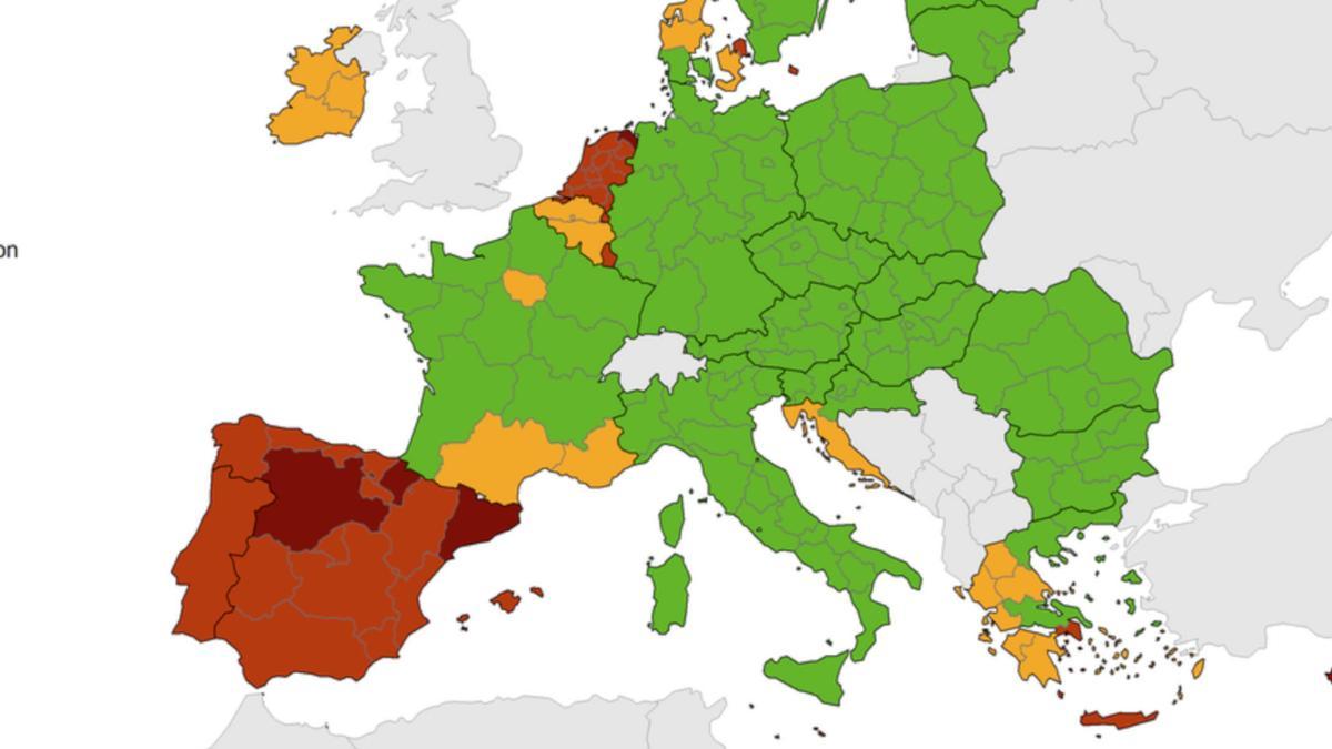 Mapa de l&#039;ECDC sobre el risc per coronavirus a Europa.