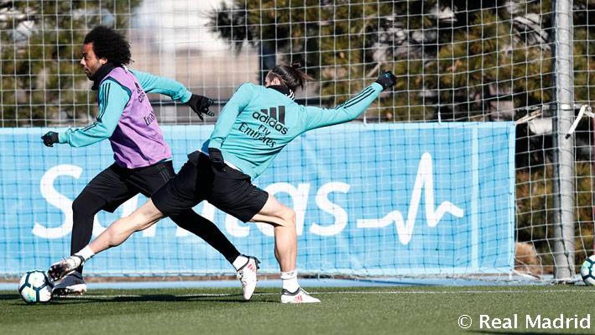 Marcelo y Gareth Bale durante un entrenamiento del Real Madrid