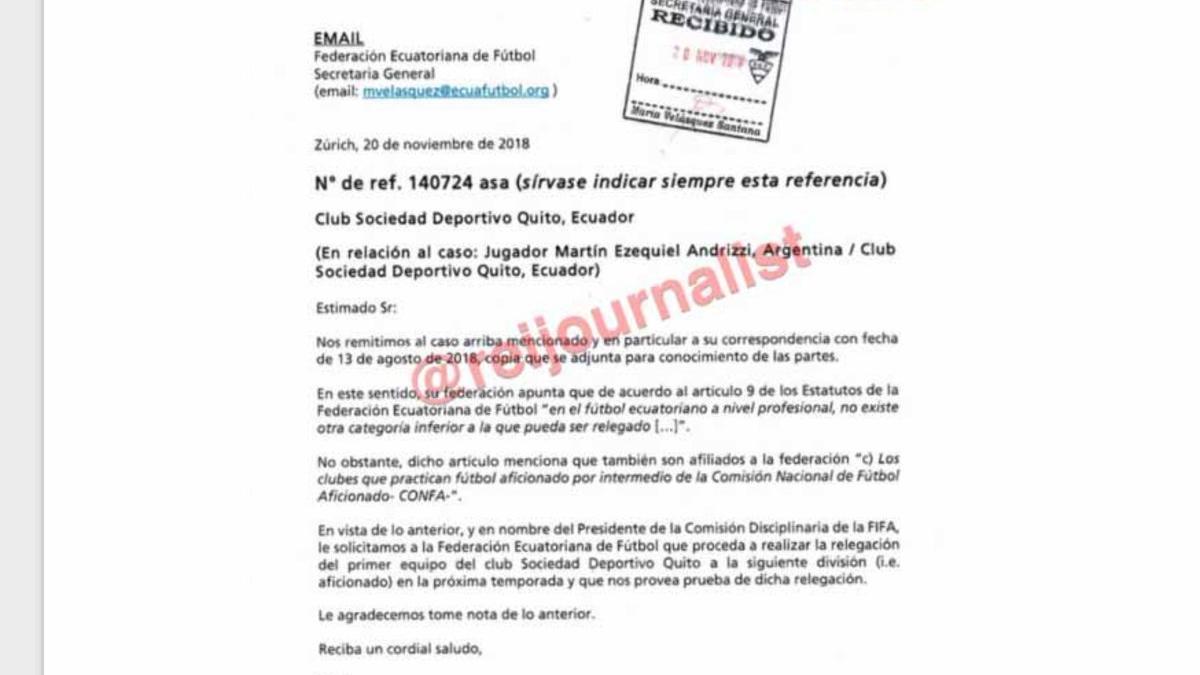 El documento que certifica el descenso del equipo