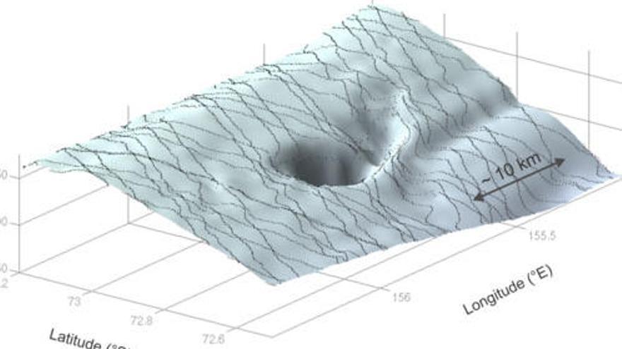 Una imagen 3D del cráter localizado.