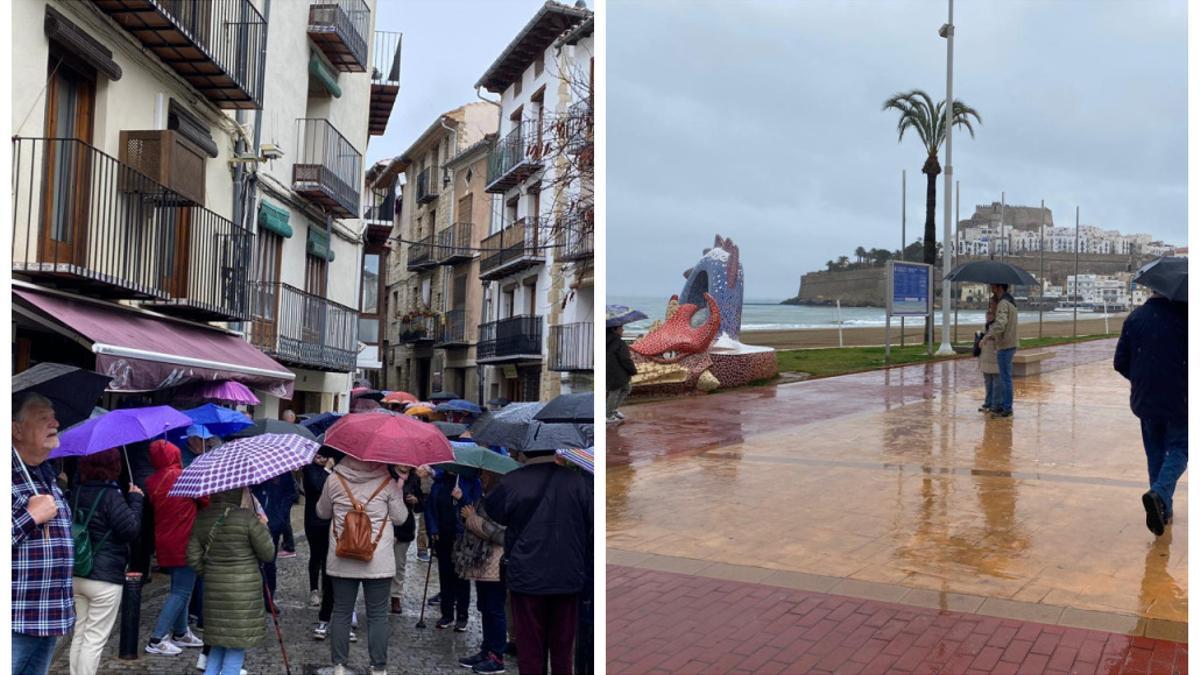 Peñíscola. Las precipitaciones no impidieron pasear en familia y disfrutar del patrimonio.  Morella. La capital de Els Ports es uno de los destinos favoritos. Ayer no faltaron los paraguas.