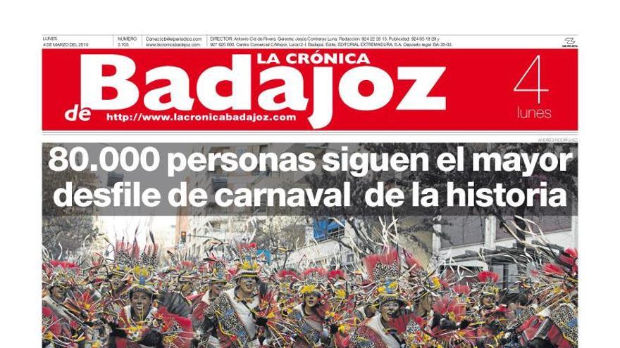 Esta es la portada de LA CRÓNICA DE BADAJOZ correspondiente al día 4 de marzo del 2019