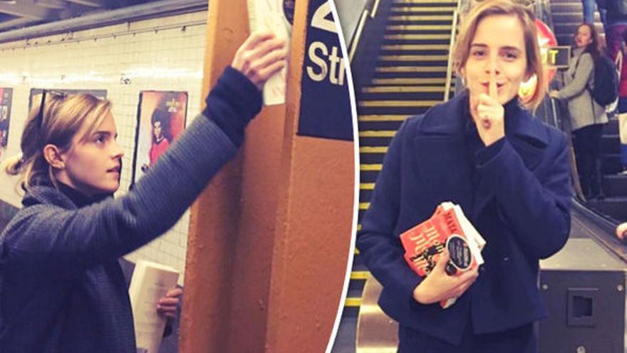Emma Watson liberando libros en Nueva York.