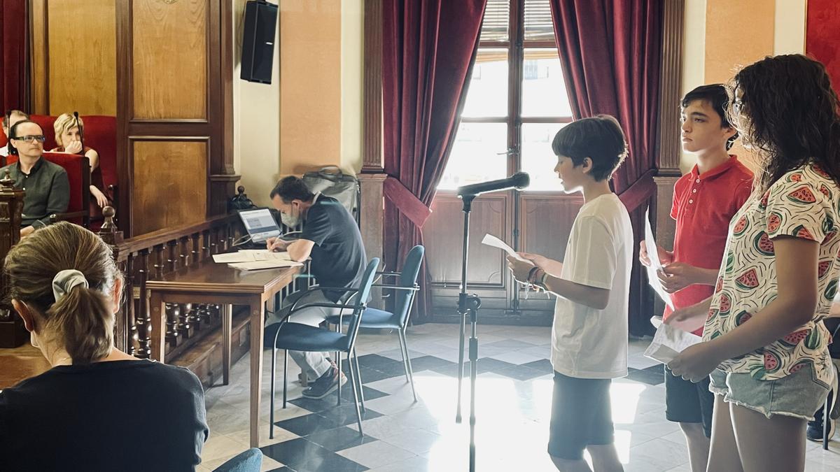 Escolares explicando las propuestas en el pleno del pasado viernes.