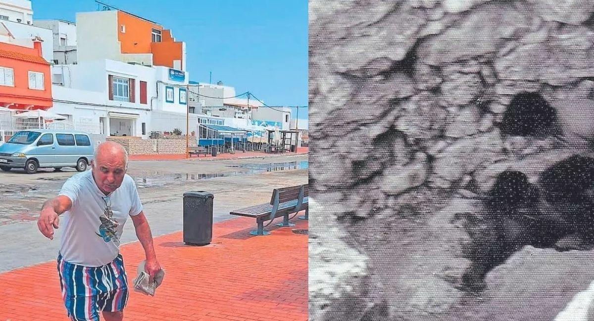 Juan Bolaños señala donde estaba el pozo de agua de Pozo Izquierdo vs Bolaños en una foto de los años 70 en la misma zona