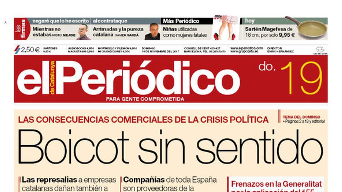 La portada de EL PERIÓDICO del 19 de noviembre del 2017.